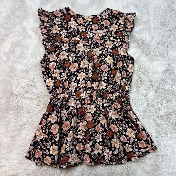 Monteau Los Angles Peplum Top Womens Small Brown Fall Floral Faux Wrap Vneck - Picture 8 of 8